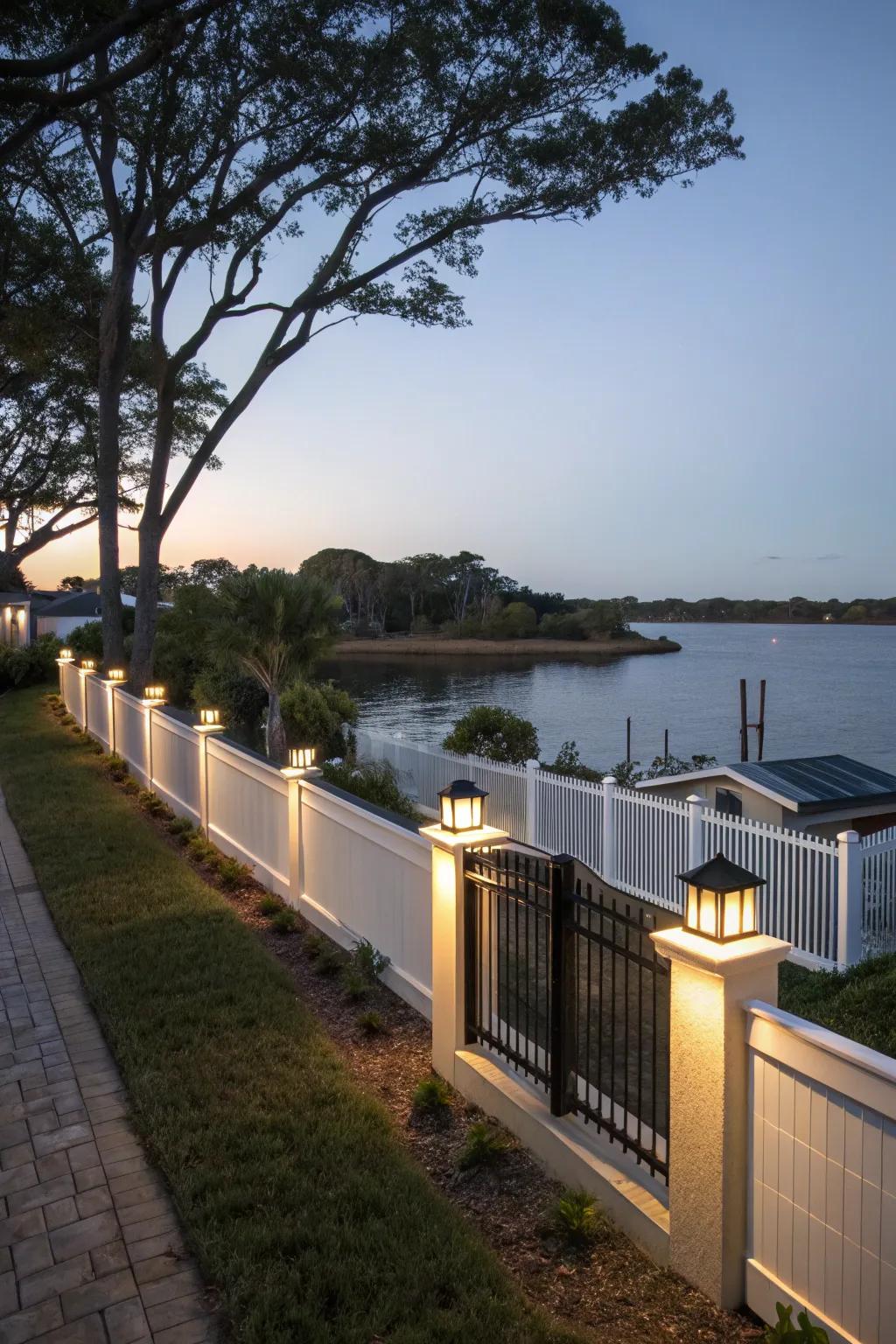 Solar-powered fencing lights up this waterfront property sustainably.