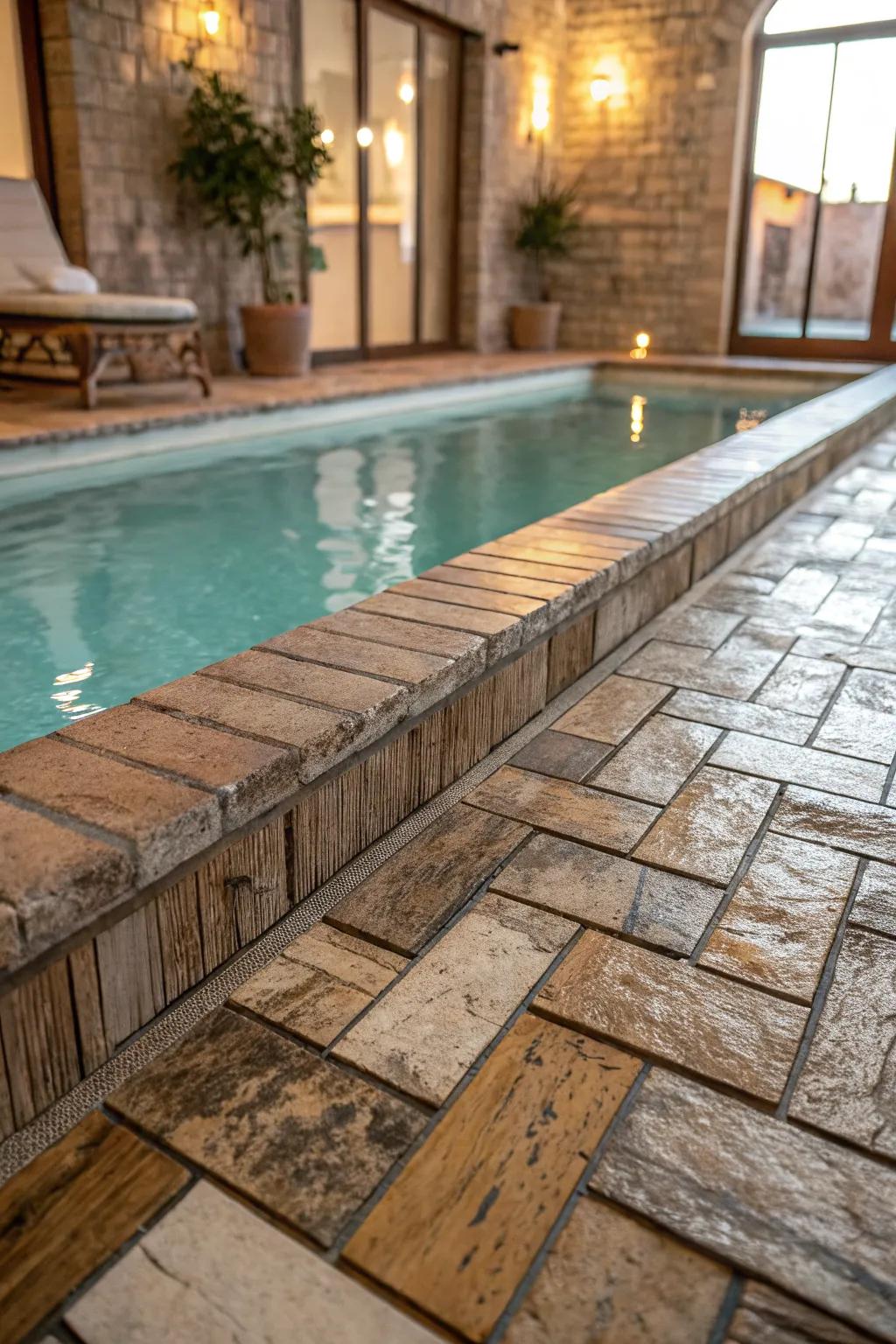 Rustic tiles create a cozy, country-style poolside retreat.