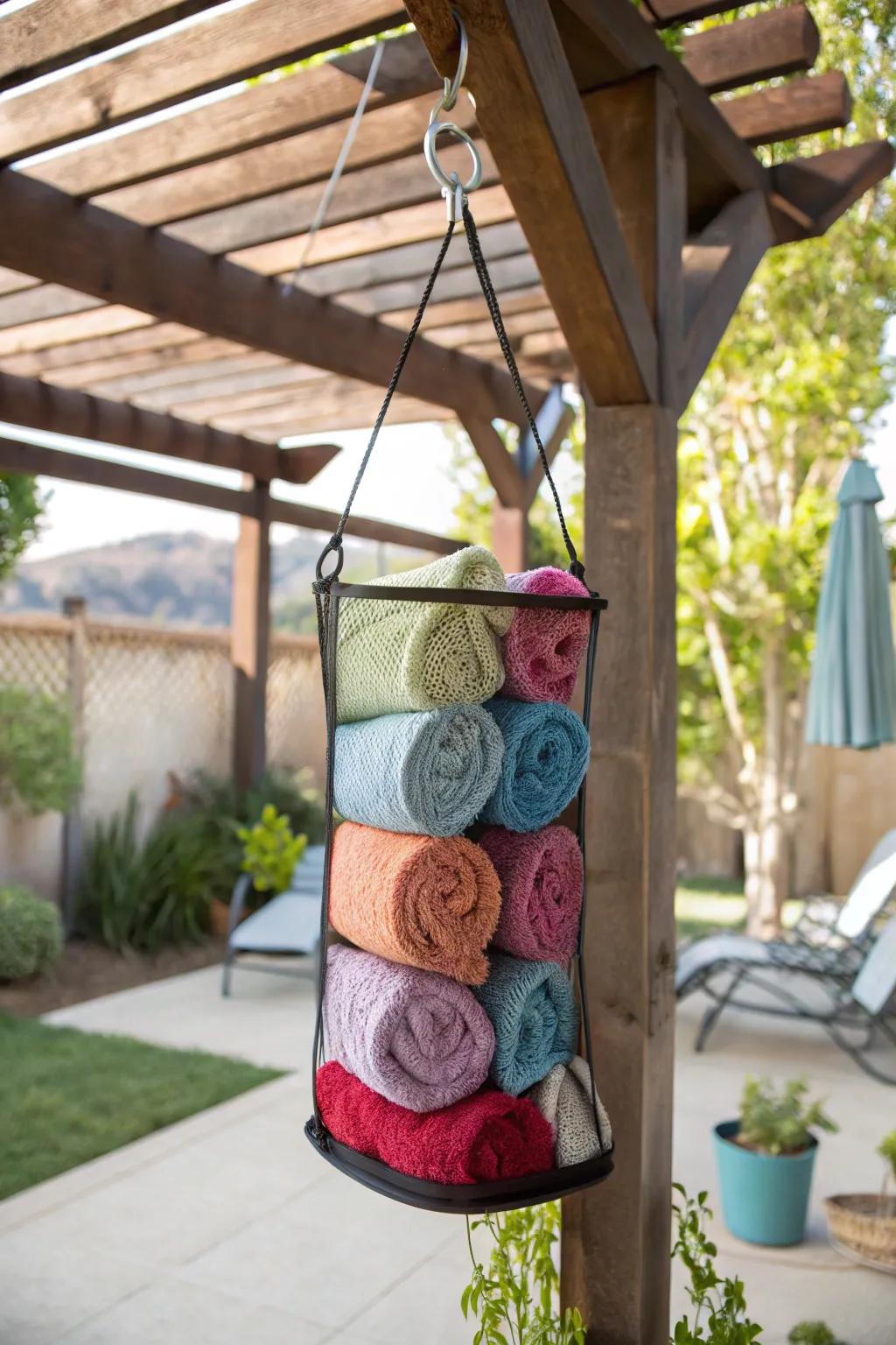 Practical hanging mesh organizer for drying towels.