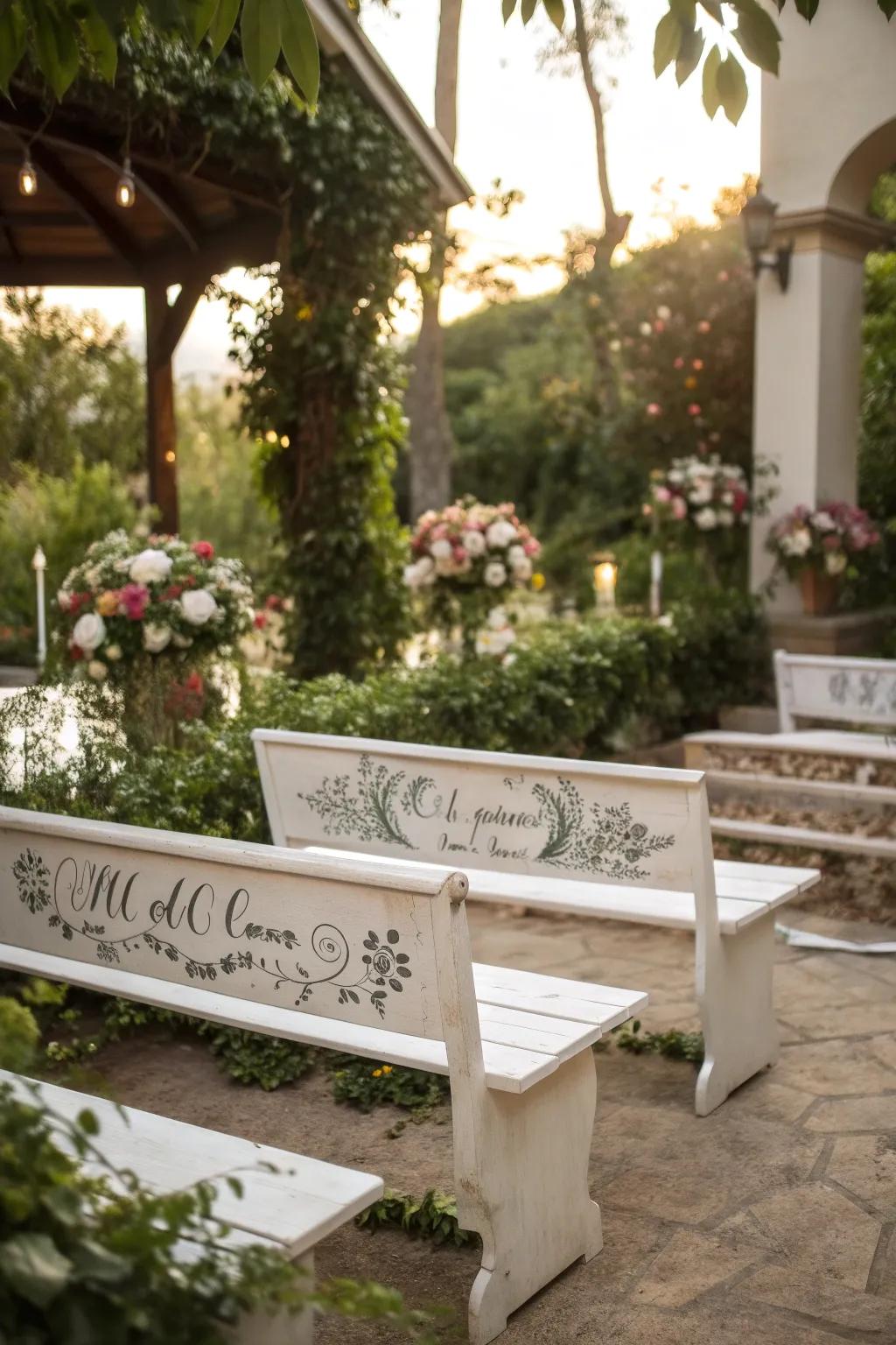 Personalized engravings add a unique touch to wedding benches.