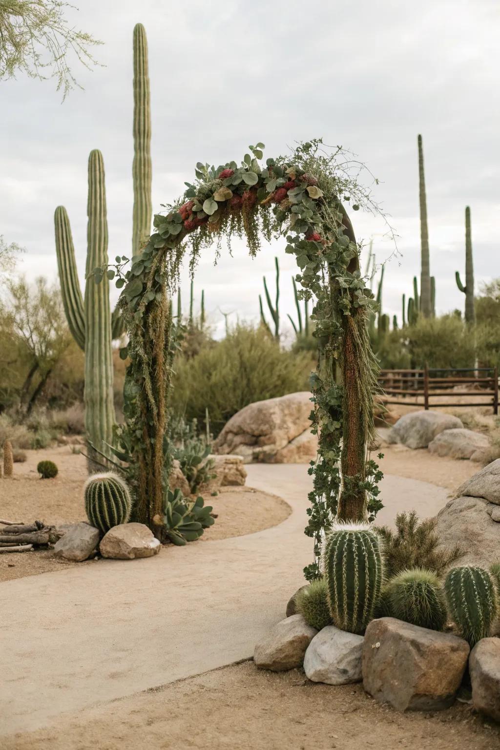 A desert oasis arch highlighting the beauty of succulents and cacti for a unique celebration.