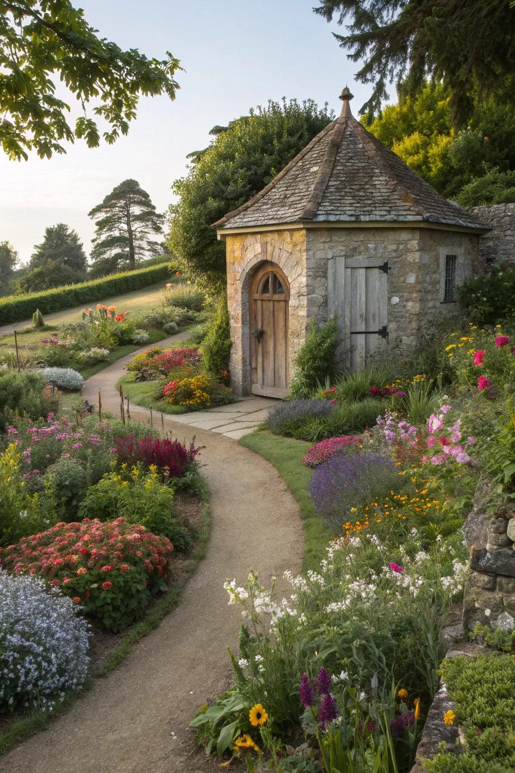 Cottage garden charm envelops this well house in beauty.