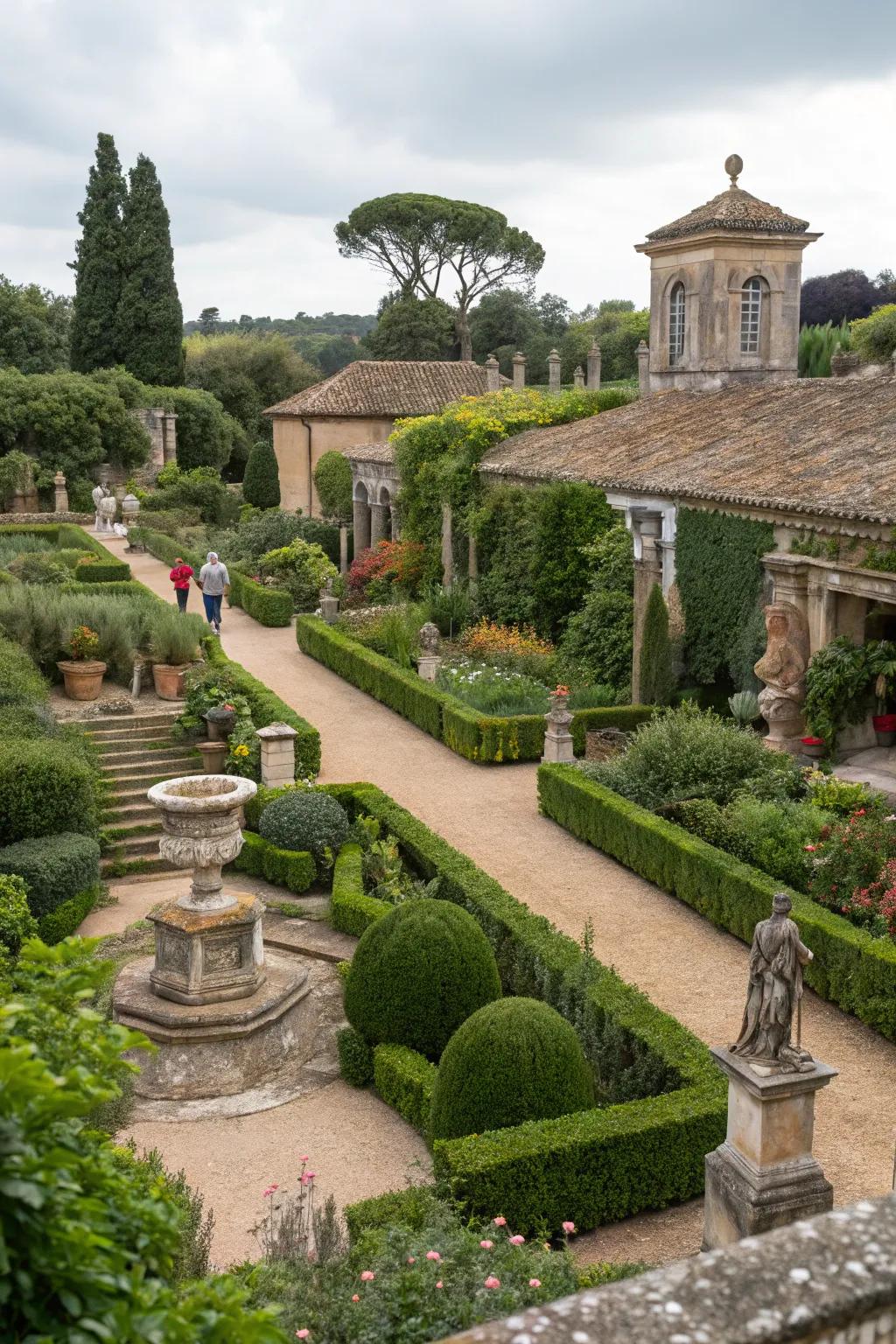 A historical replica well brings a touch of the past to the garden.