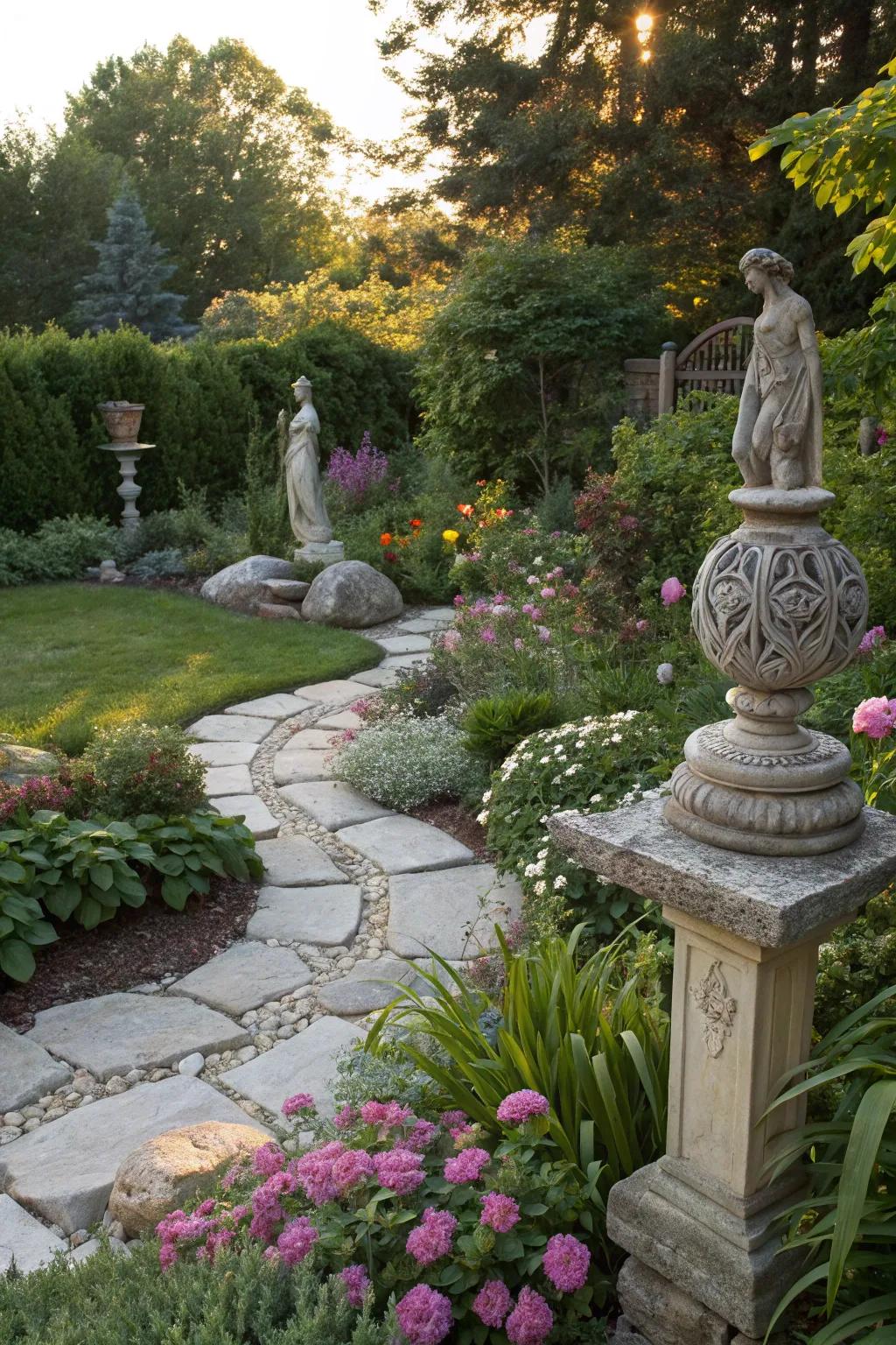Artful elements adding personality and charm to the garden.