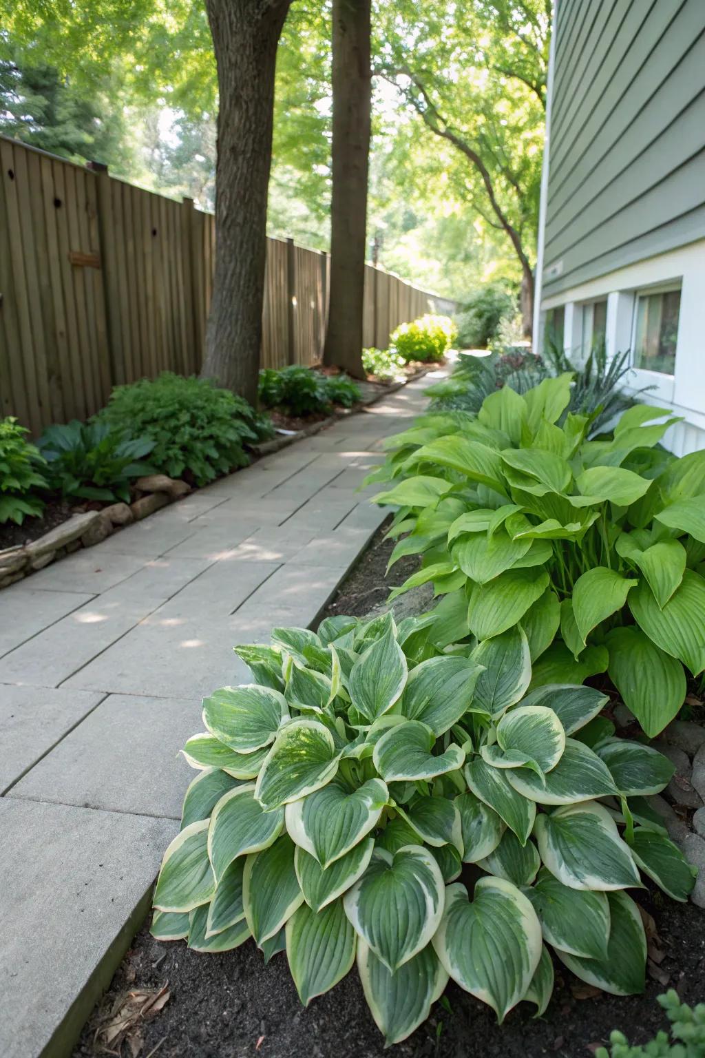 Hostas bring lushness and variety to shaded foundation areas.