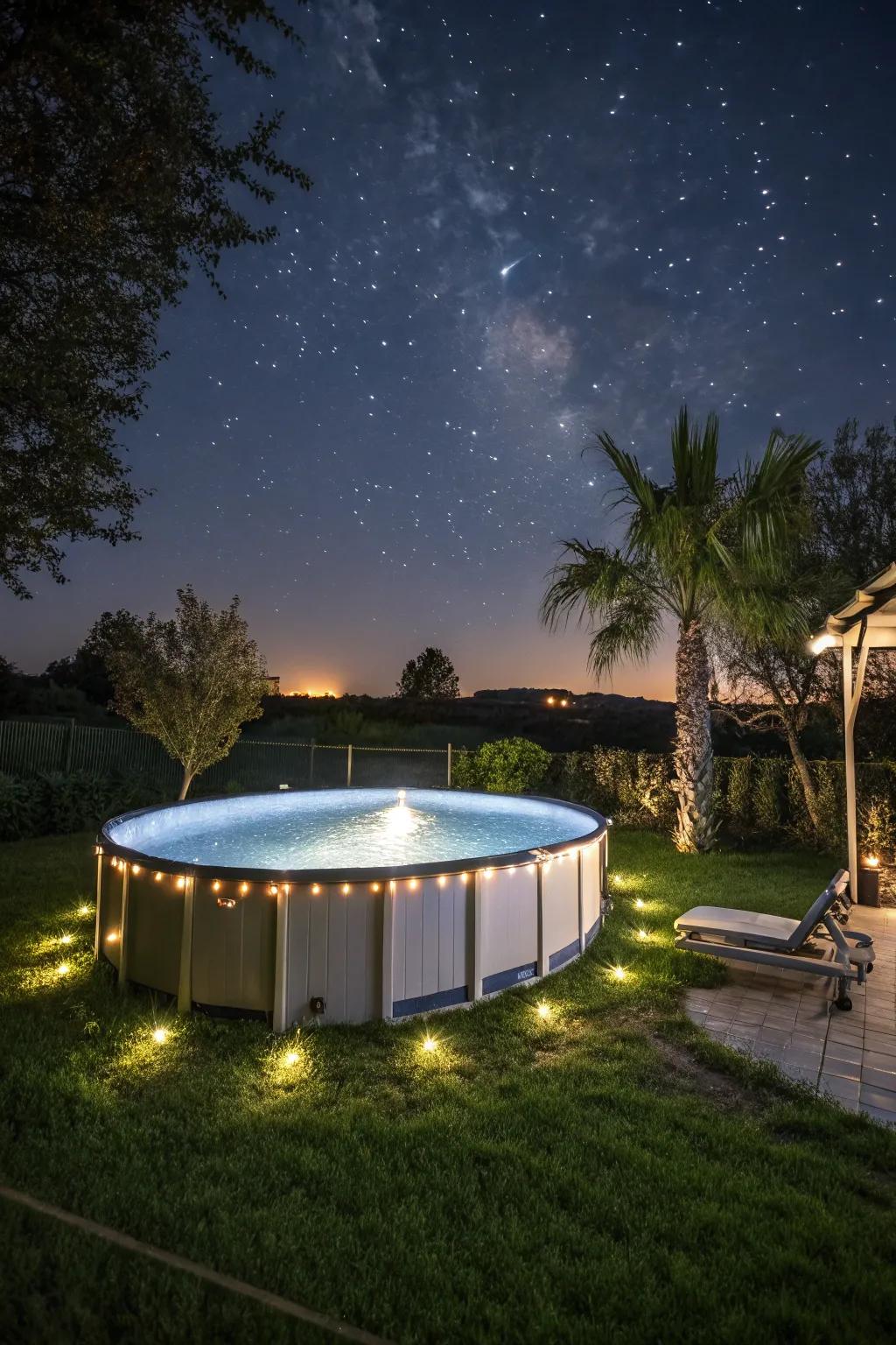 Solar lighting adds an eco-friendly and atmospheric glow to your pool area.