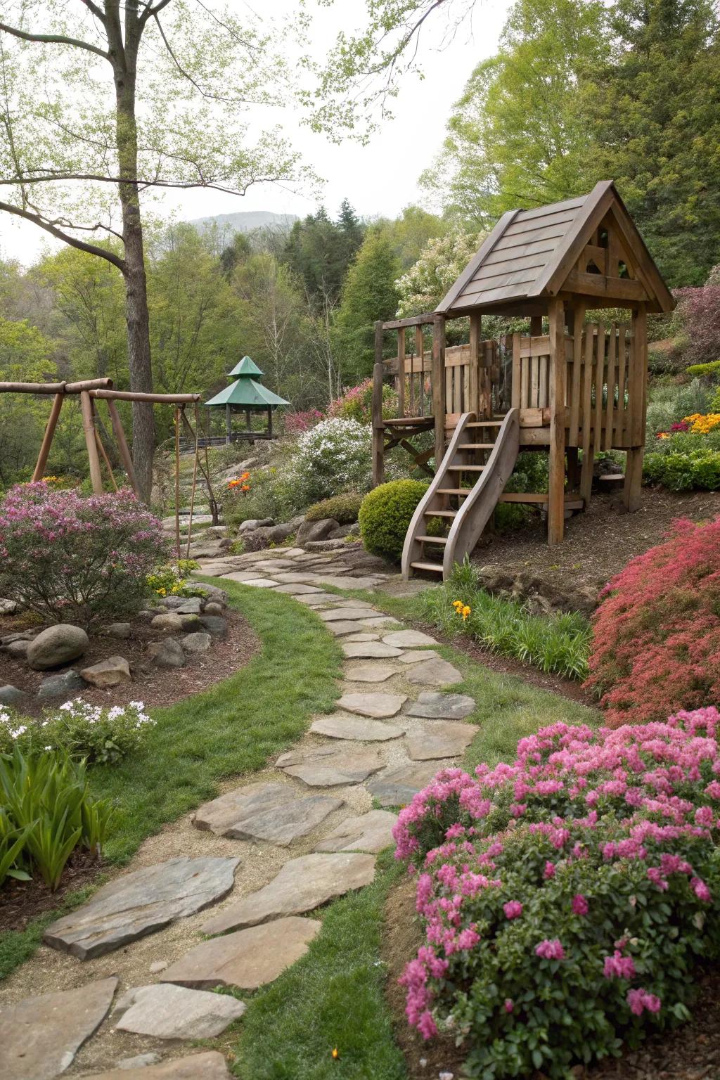 Natural rock paths add rustic charm to a play area.