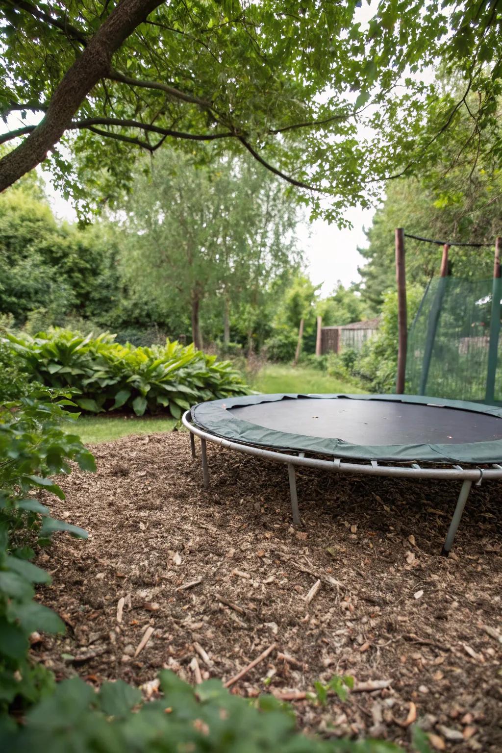 Bark chips provide a natural and earthy base under the trampoline.