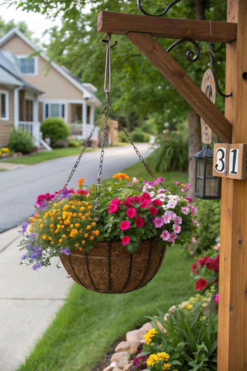 House numbers on a hanging basket filled with flowers.