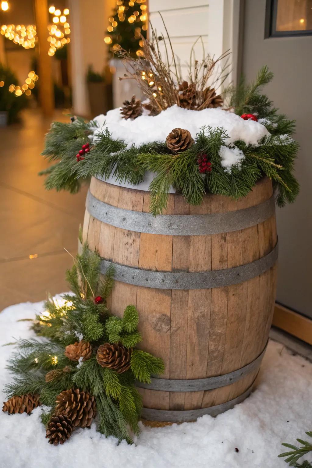 Transform your whiskey barrel into a winter wonderland.