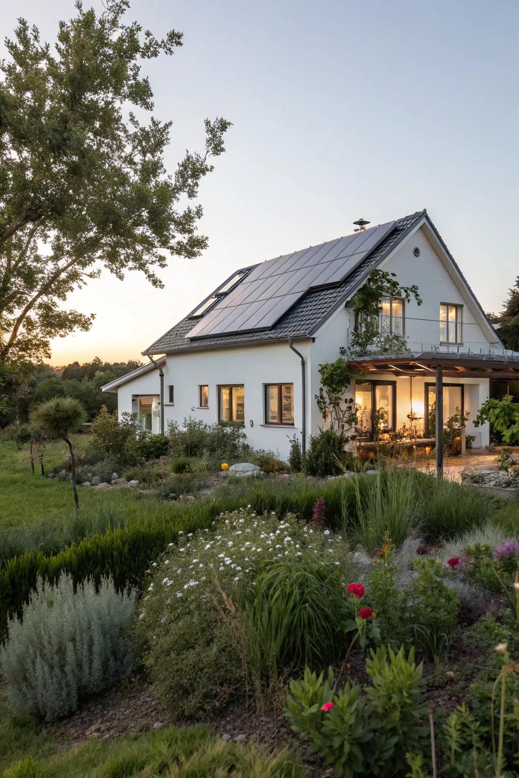 A white home featuring eco-friendly elements, harmonizing with its natural surroundings.