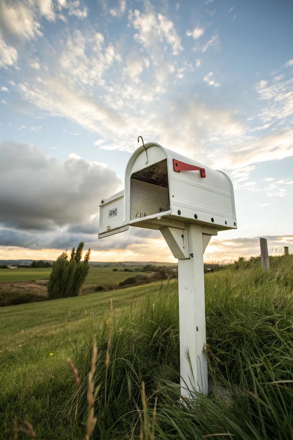 A white mailbox with open slats complements a home with a breezy, open vibe.