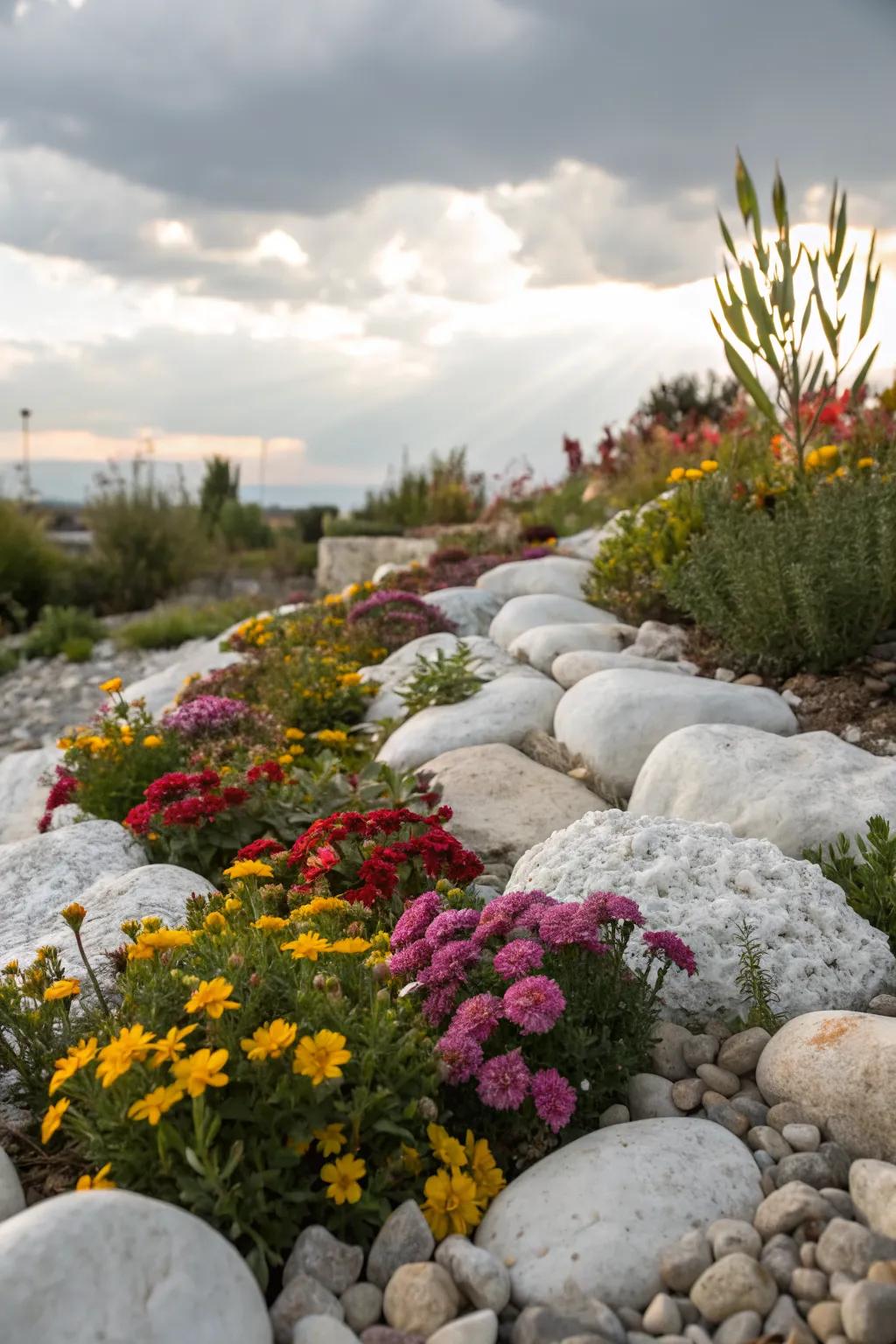 White rocks highlighting seasonal blooms in a garden bed.