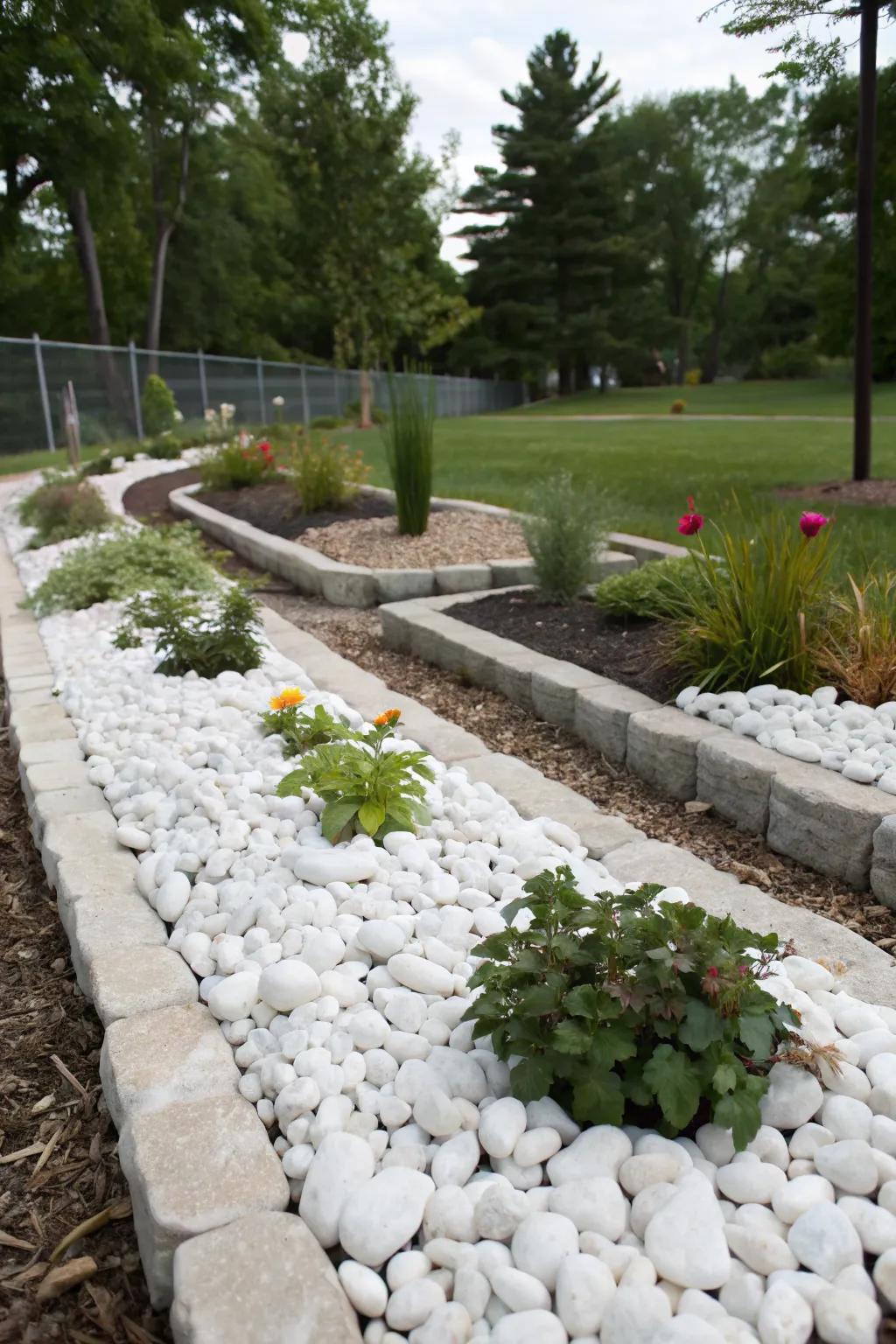 White rocks offer a clean alternative to traditional mulch.