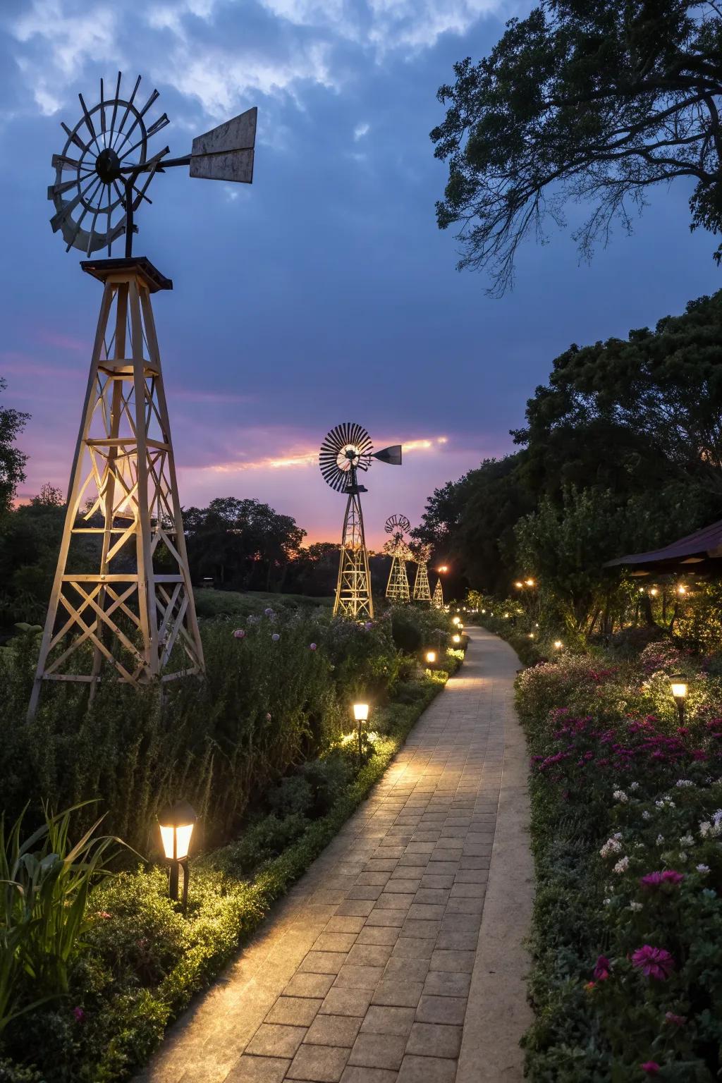 Stylish windmill-themed lights adding evening ambiance.