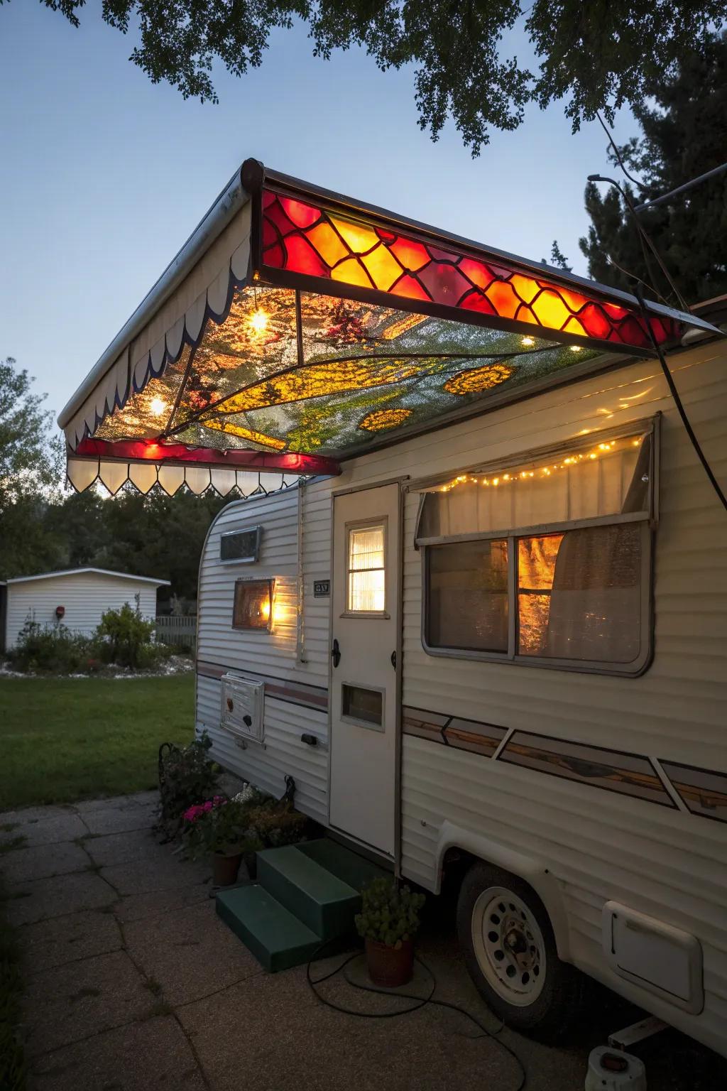 A stained glass awning adding artistic charm and colorful light to a mobile home.