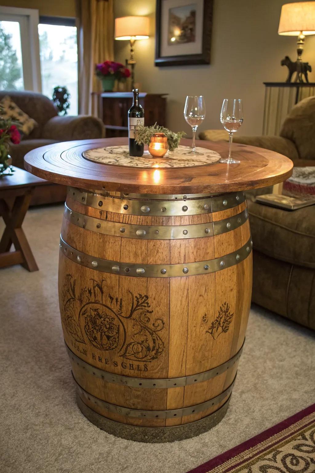 Tell your story with a personalized wine barrel table.