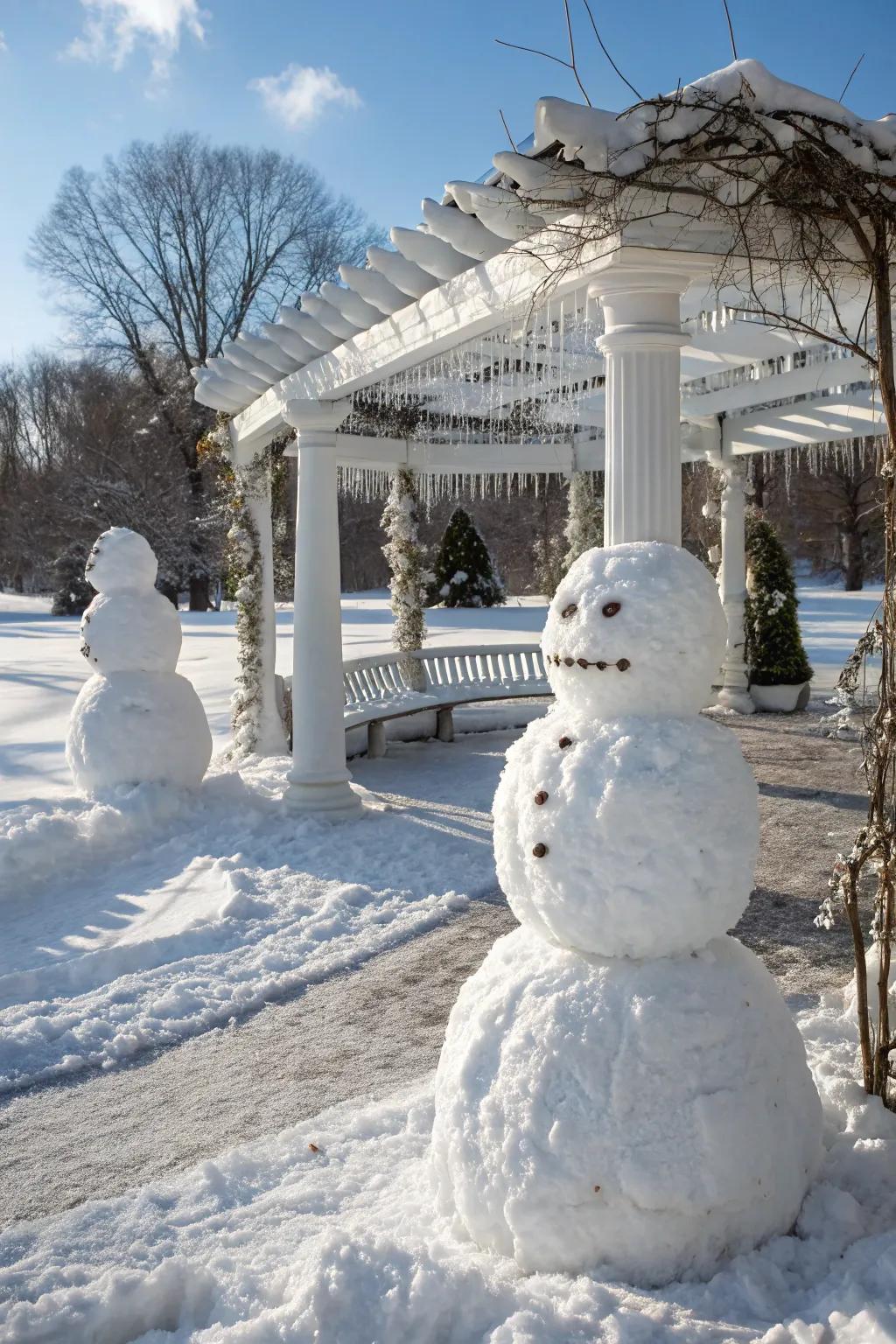 Artistic snow sculptures add whimsy to a winter pergola.