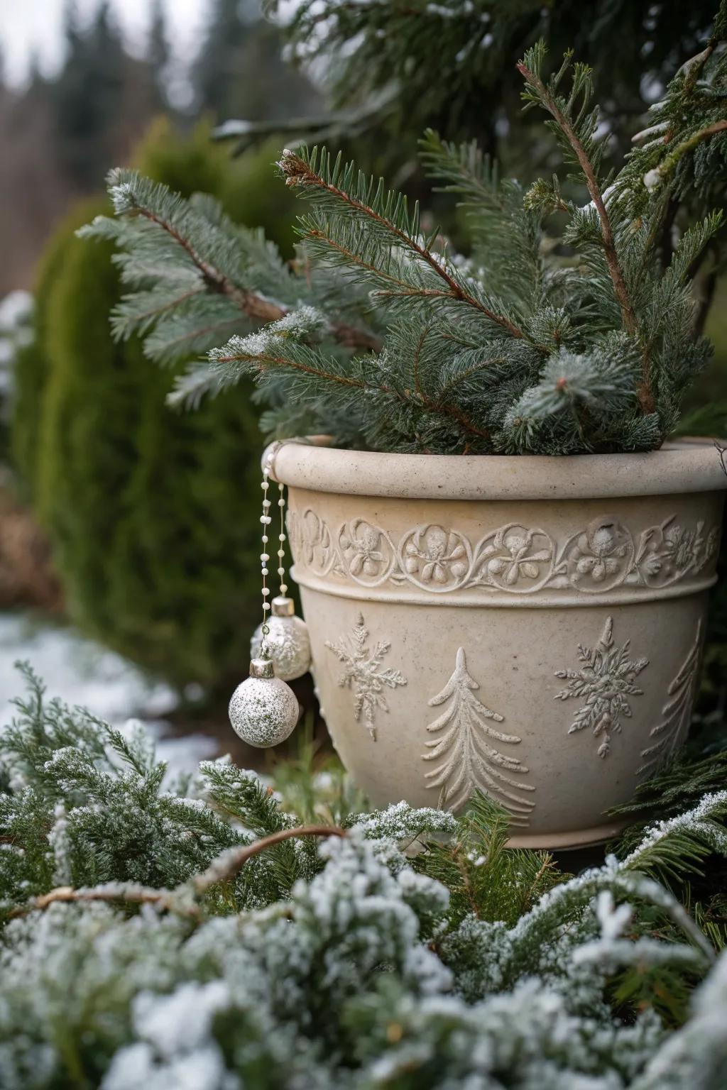 Ornaments add a festive flair to winter pots.
