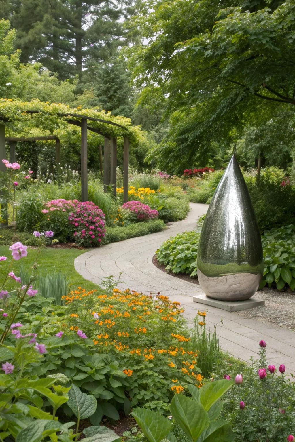 Unusual elements like sculptures add surprise and intrigue to a garden.