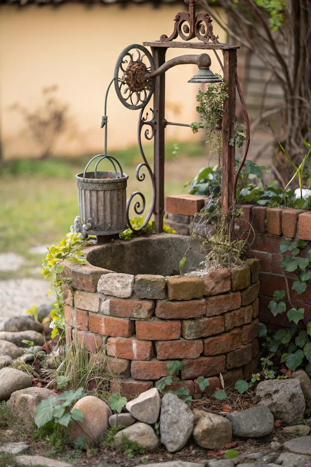 A wishing well with historical charm, featuring antique bricks and metal accents.