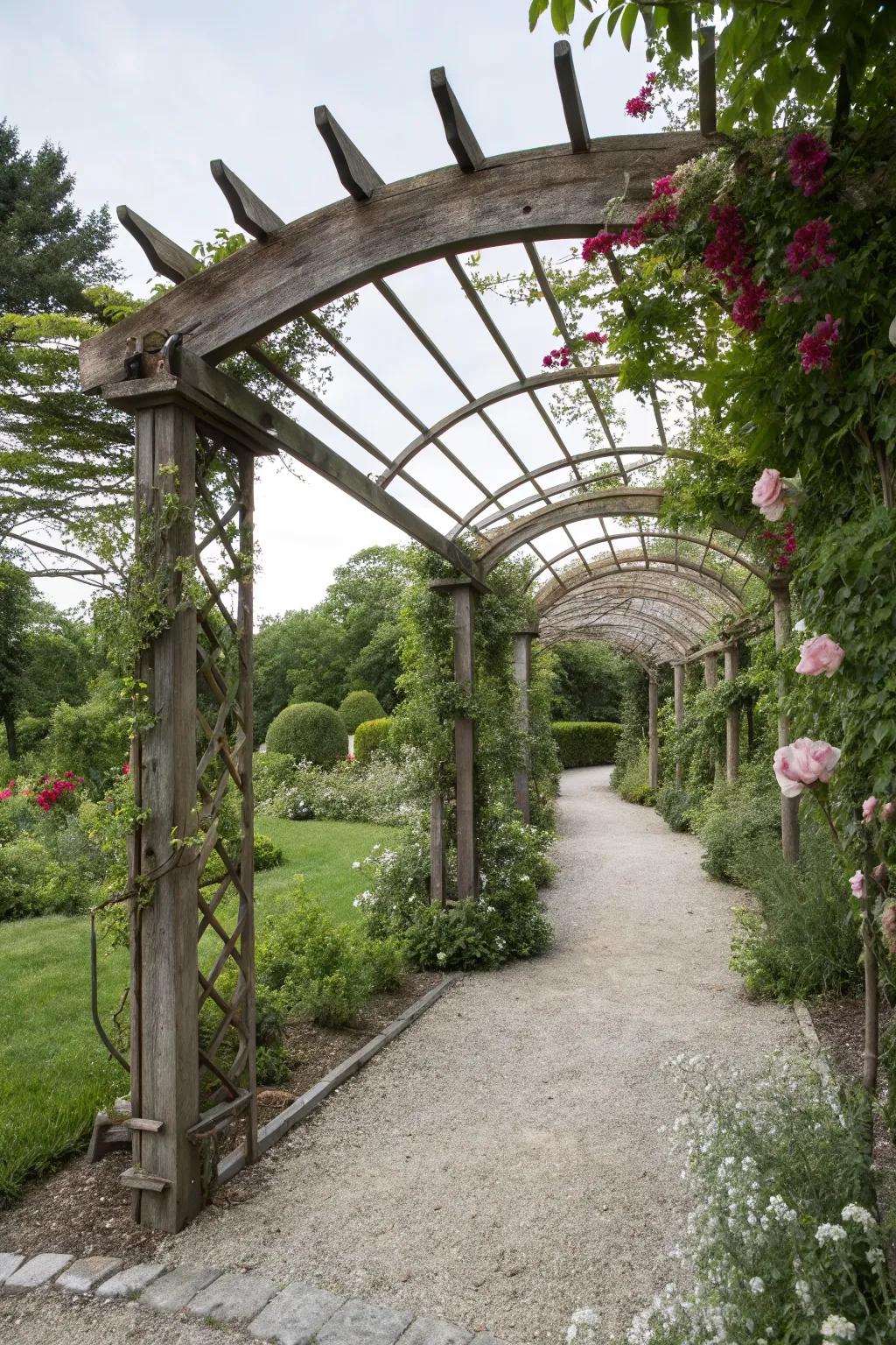 Wooden arbor with metal elements, adding a unique twist to the garden.