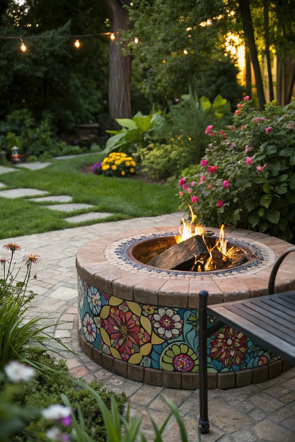 A mosaic design adds artistic flair to a fire pit.