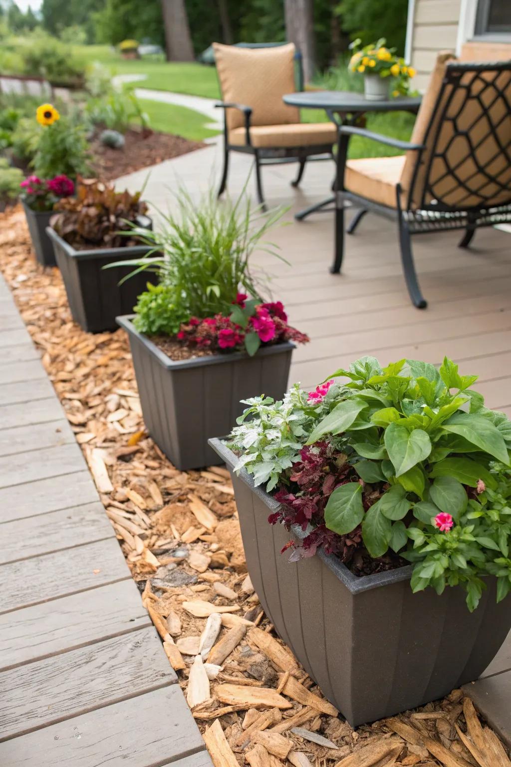 Stylish patio containers with wood chip mulch.