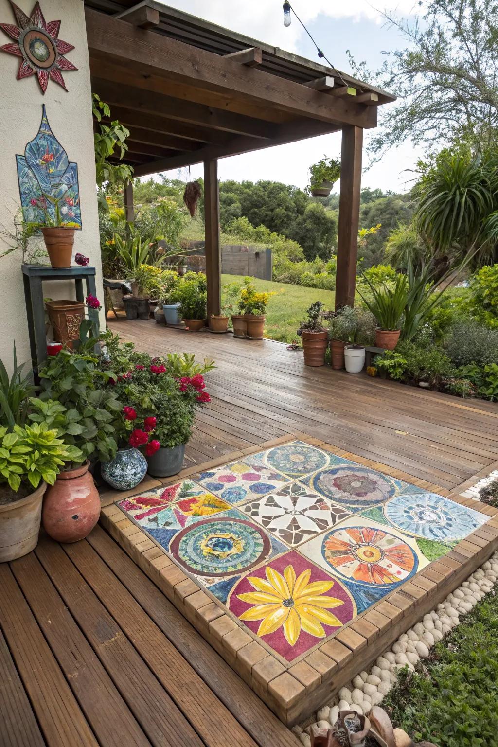 Tile mosaics offer a personalized and creative deck touch.
