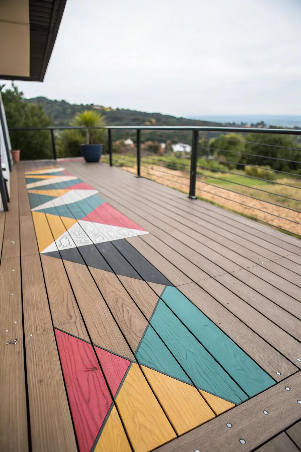 A modern deck featuring bold geometric patterns.
