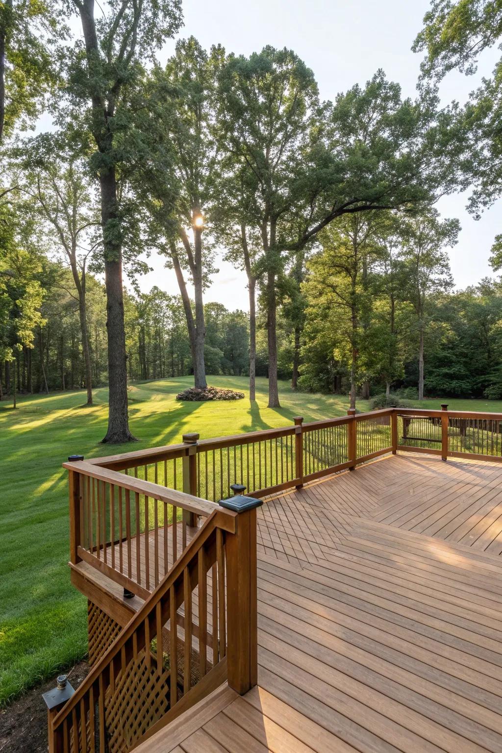 Diagonal patterns create dynamic movement in deck designs.