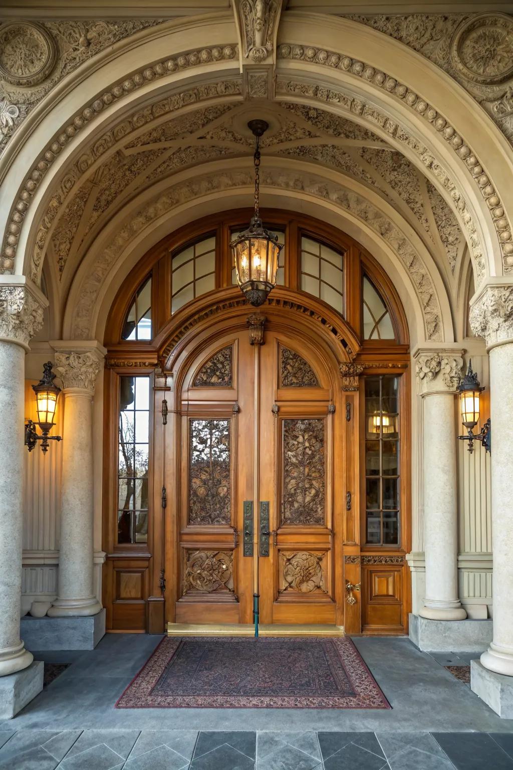 Arched designs add elegance to wooden front doors.
