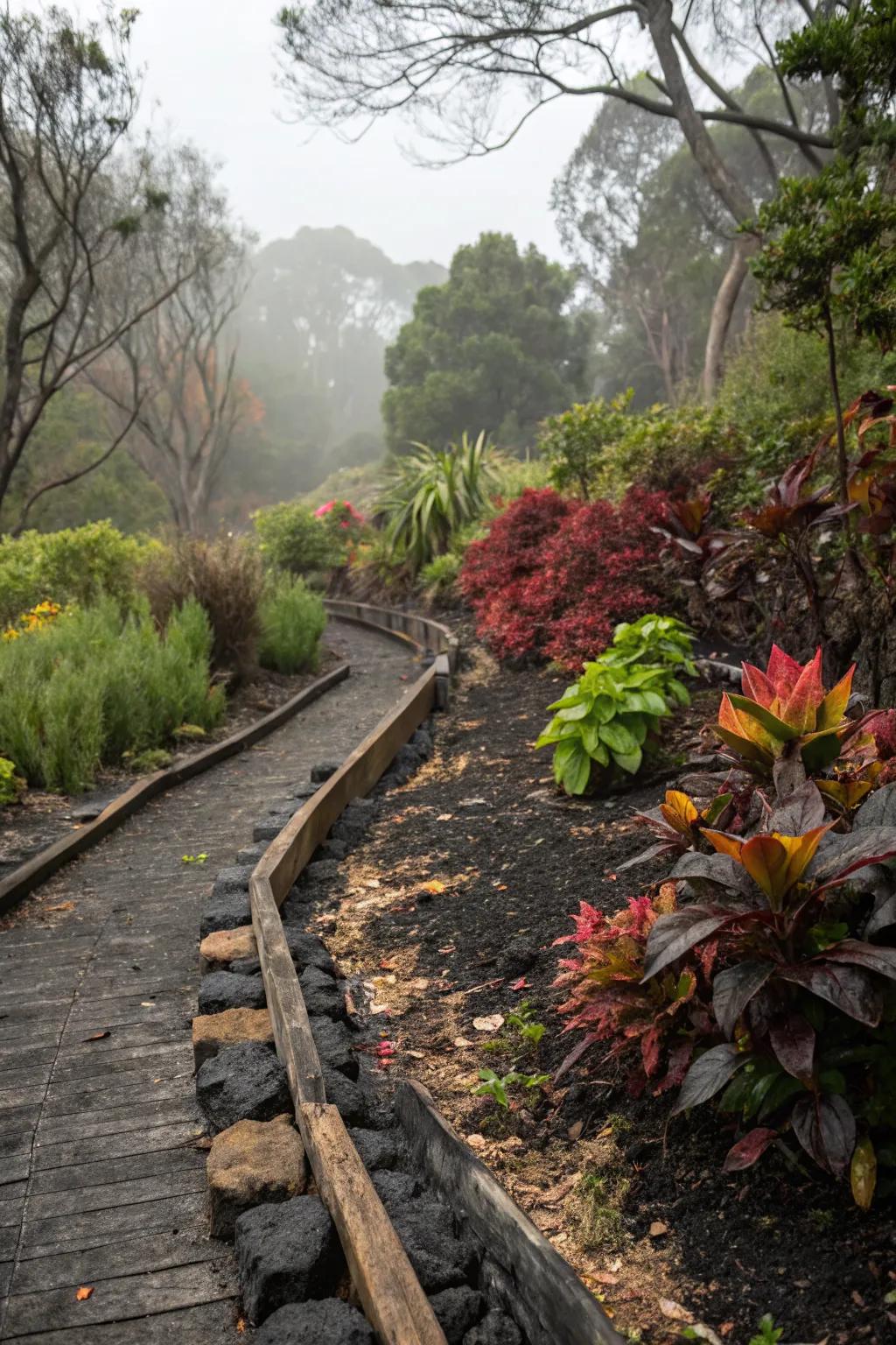 Burnt wood edging offers a dramatic look and increased durability.