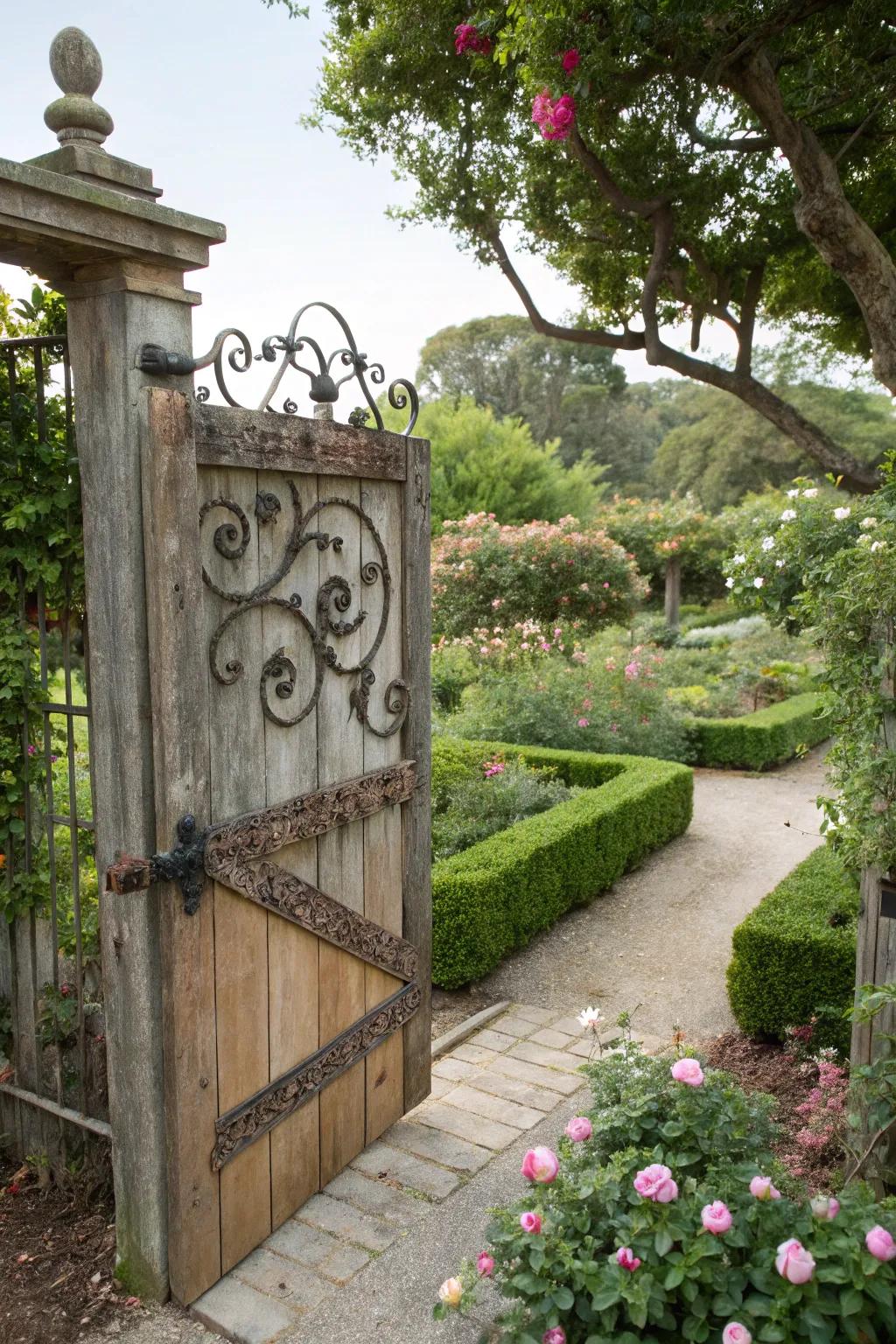 A wooden gate with wrought iron accents, blending elegance and durability.
