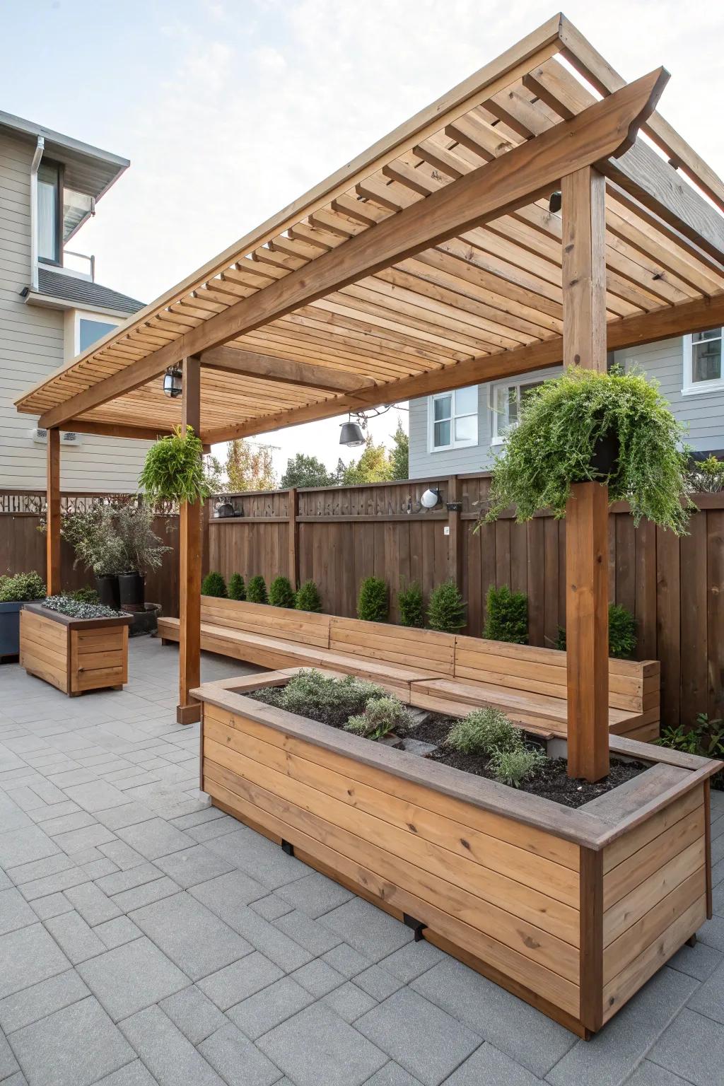 Built-in features enhance both functionality and style of patio covers.