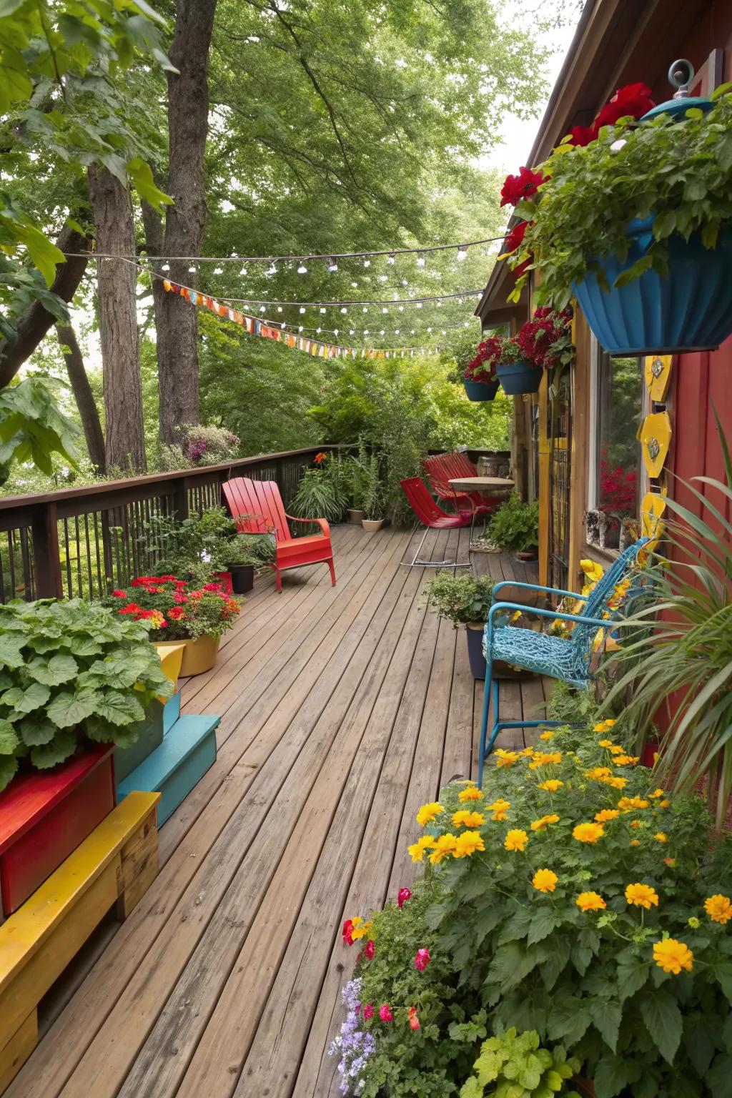 A wooden patio deck enlivened with colorful accents.