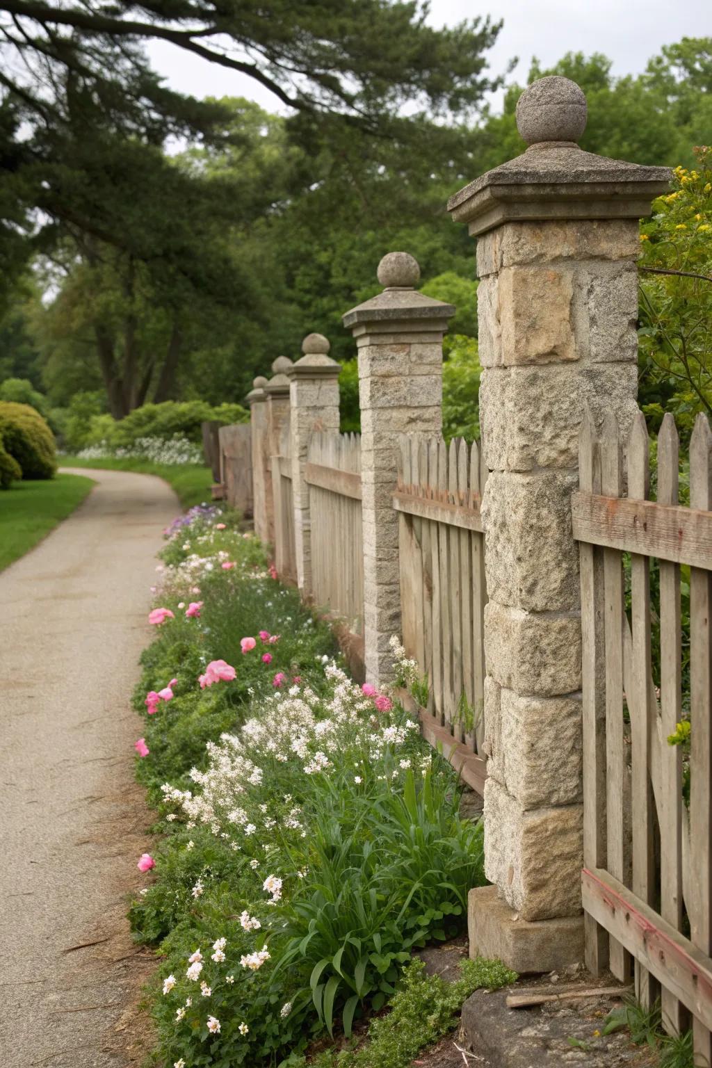 Stone elements add rustic charm to this picket fence.