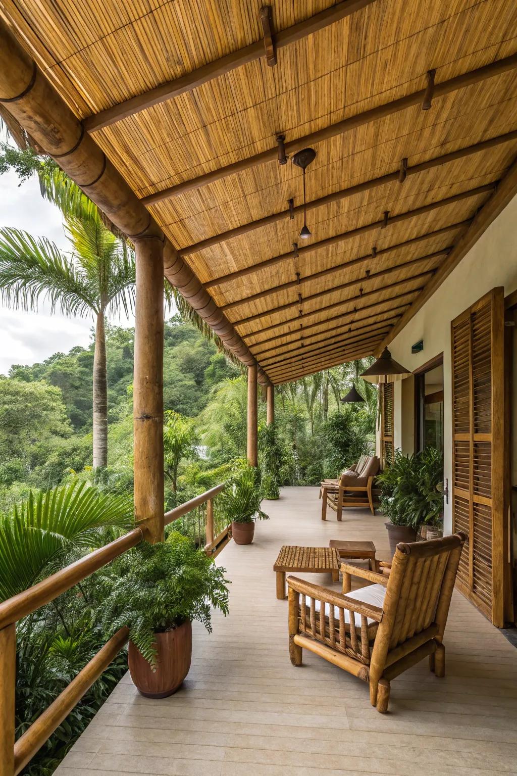 Bamboo ceiling offers a tropical and eco-friendly touch.