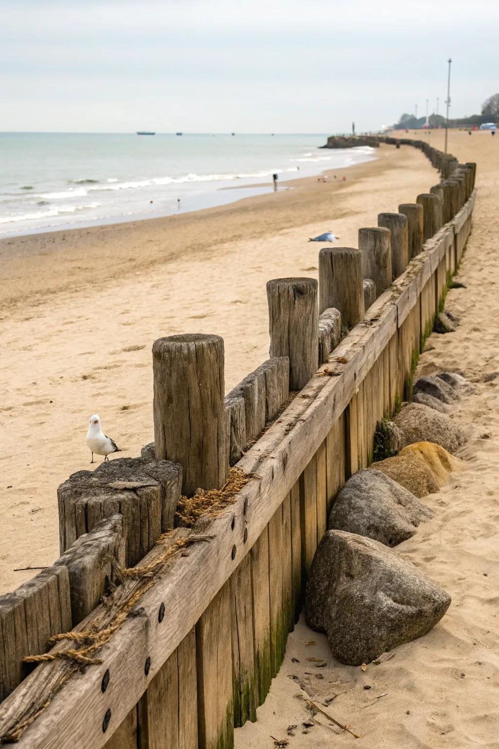 Driftwood accents add an organic, beachy vibe to this seawall.