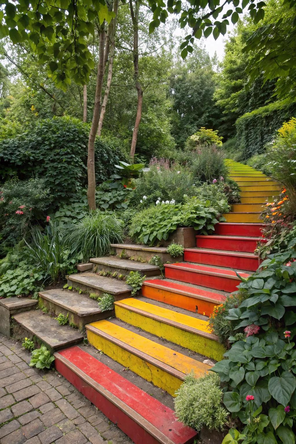 Painted wooden steps adding a bold statement to the garden.