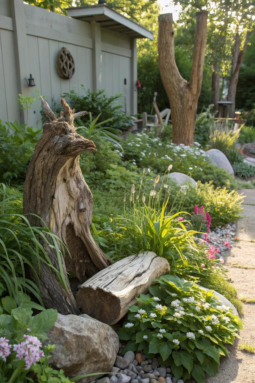 Sculptural elements like driftwood add interest to the garden.