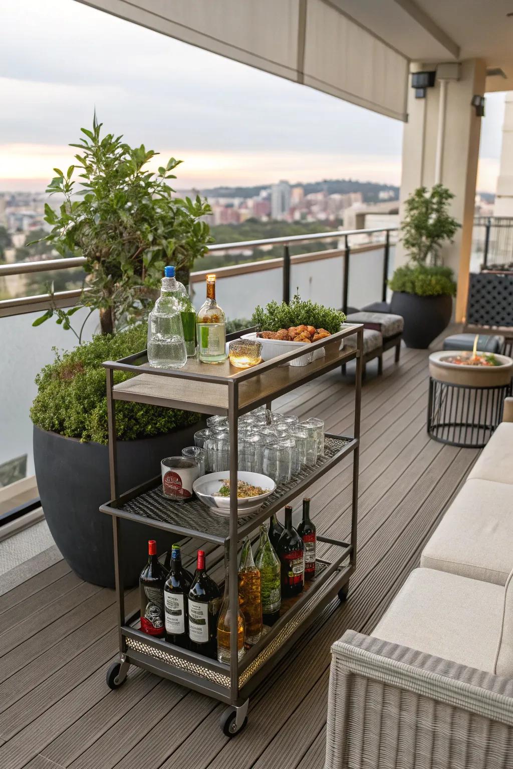 A bar cart keeps refreshments within reach.