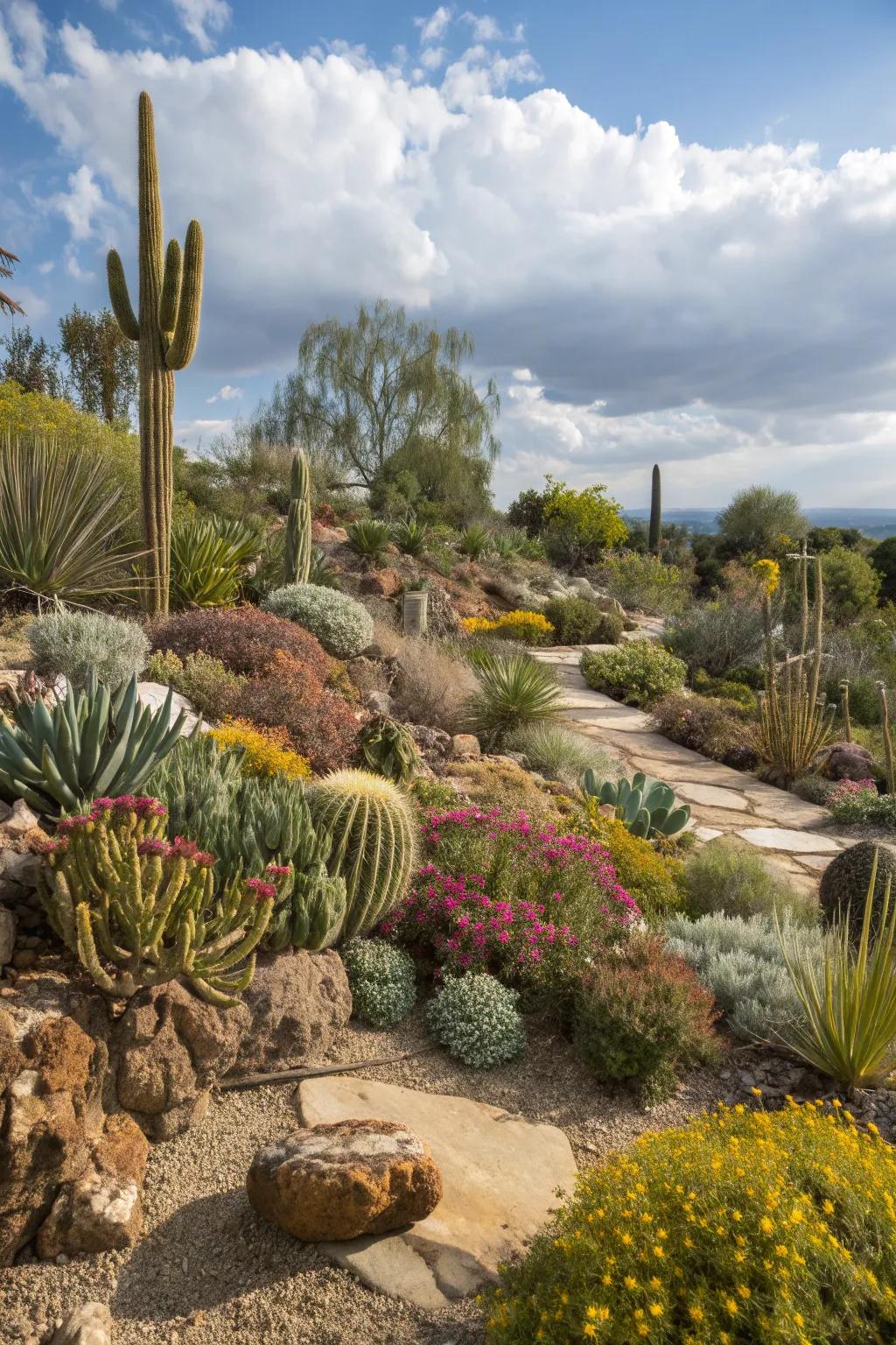 A maximalist xeriscape garden with a rich variety of plants.