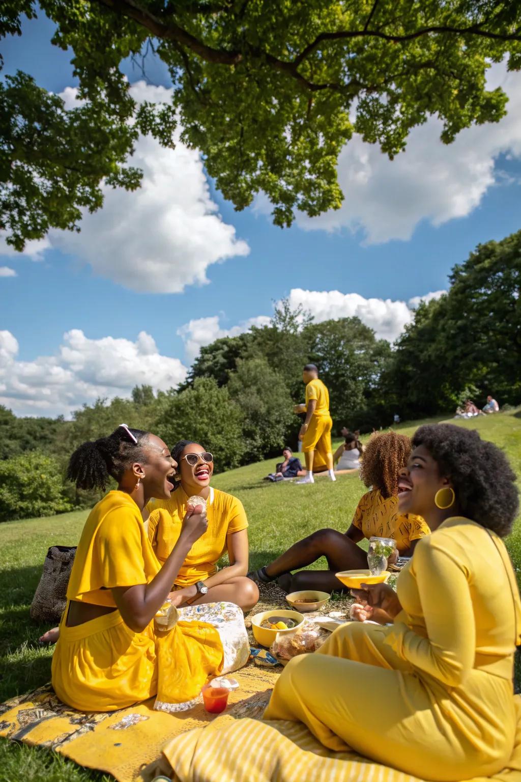Guests in yellow-themed attire, adding to the festive picnic atmosphere.