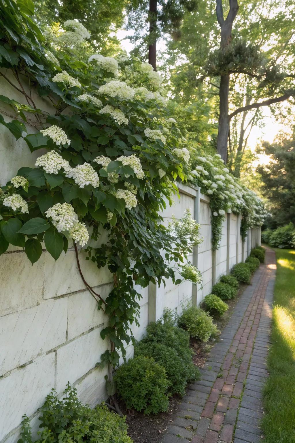 Climbing hydrangea creates a floral wall in shaded garden areas.