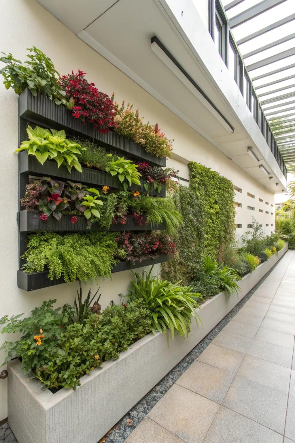 A lush vertical garden maximizing small space in zone 8b.