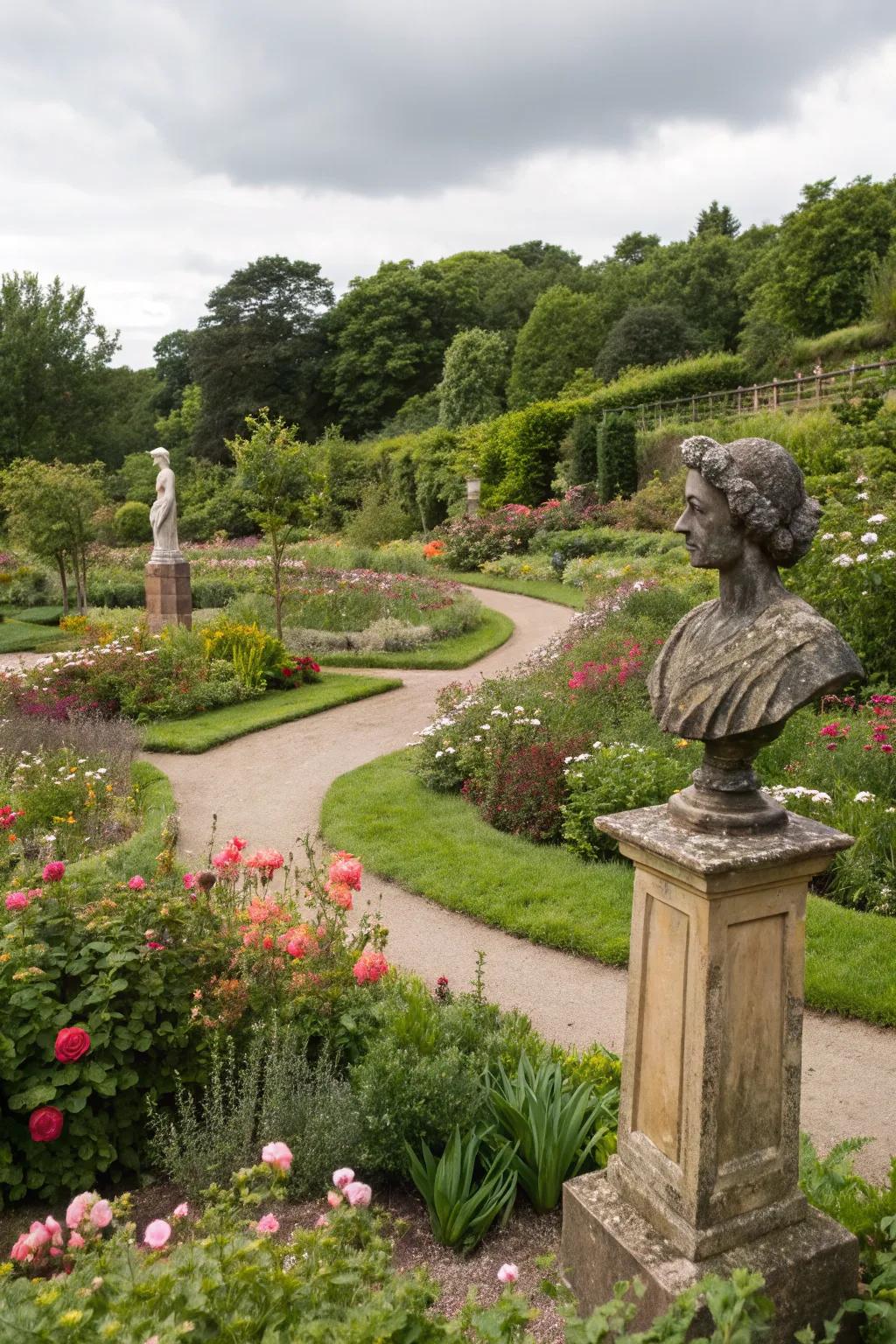 A garden with artistic sculptures adding personality and charm.