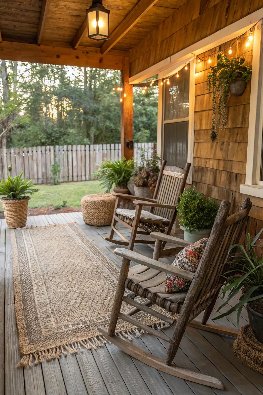 A rustic retreat offers a cozy escape on your porch.