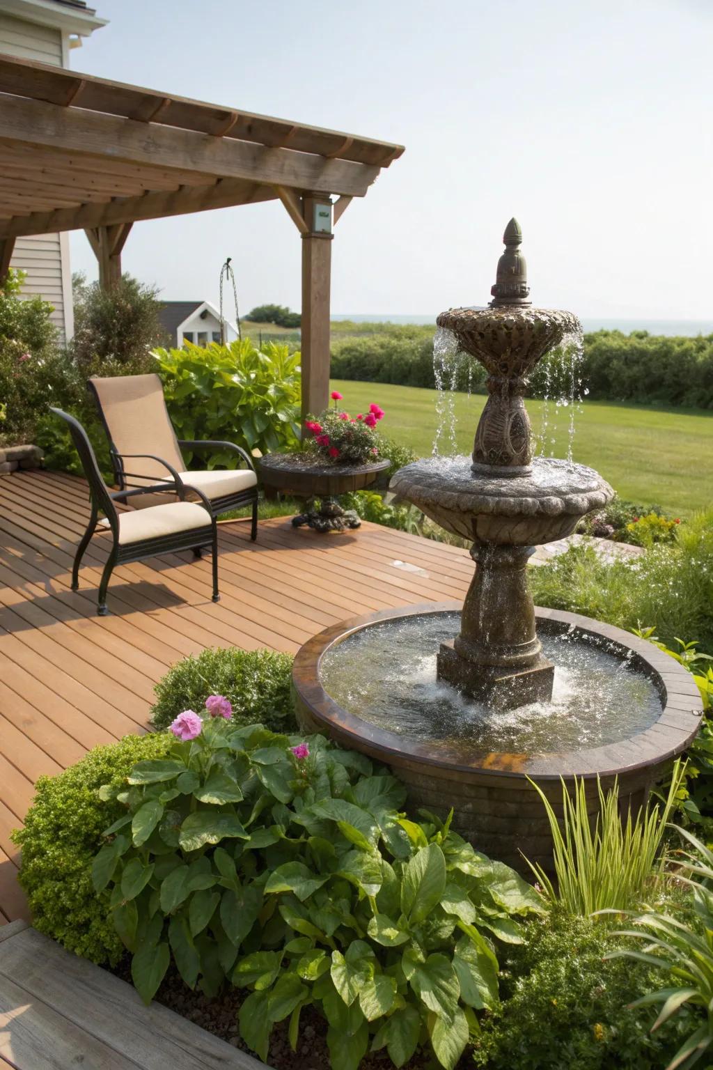 A unique water feature on a 20x20 deck.