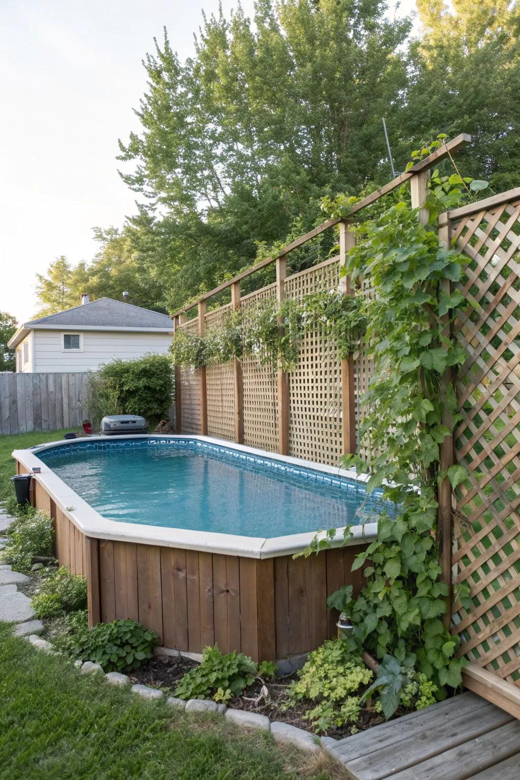 Lattice screens offer privacy and a spot for climbing plants around your pool.